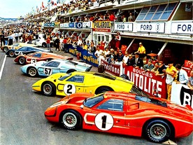 Vozy Ford před startem - vpředu tři vozy Shelby American