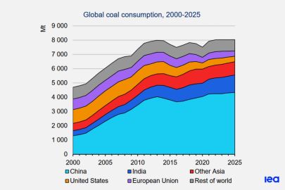 Vývoj spotřeby uhlí na světě podle IEA Coal